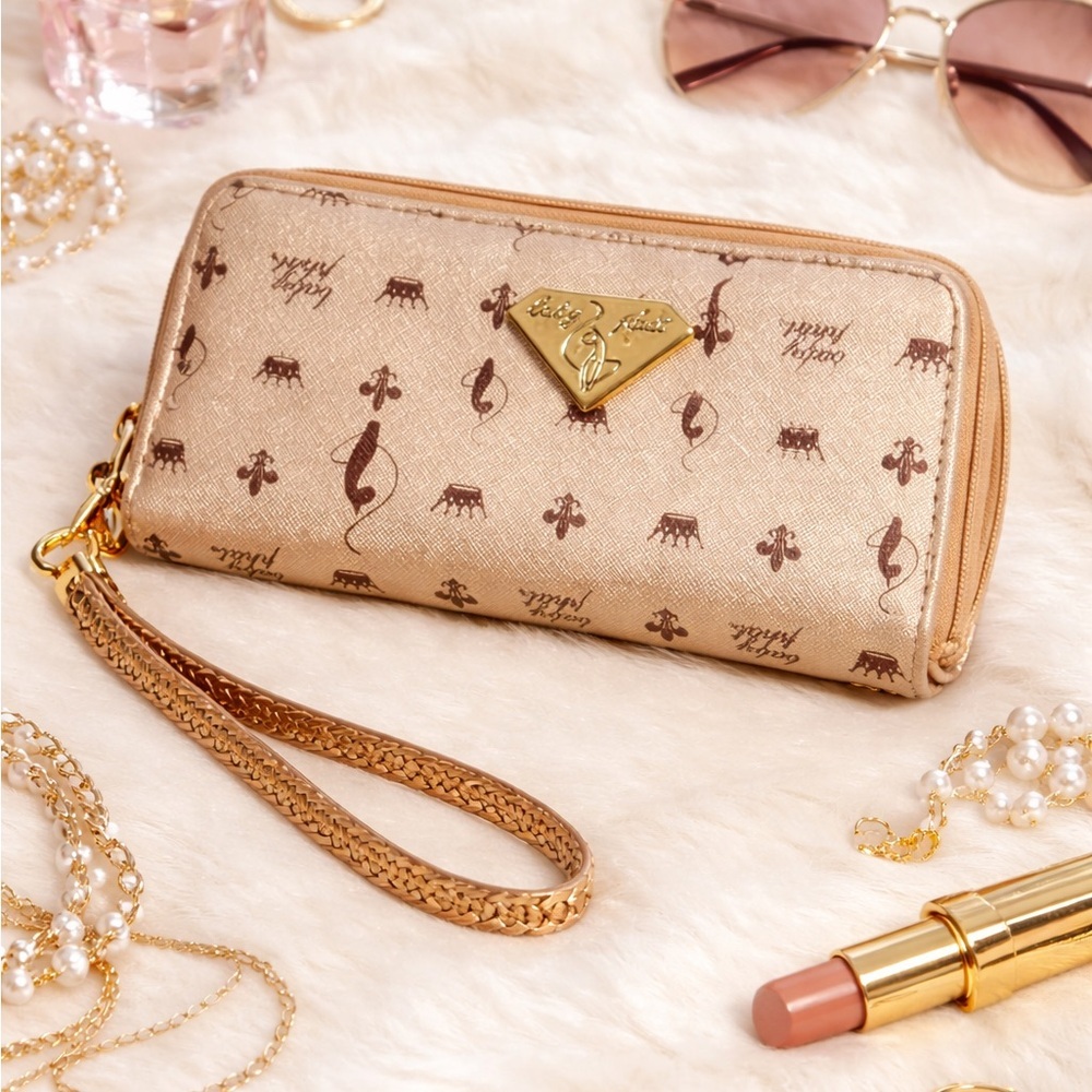 Baby Phat Zip Around Wallet Wristlet Gold Logo Print Faux Leather